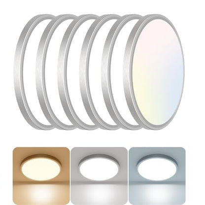 libtit 12 inch Flush Mount LED Ceiling Light Fixture, 3000K 4000K 6500K Adjustable, 28W 3200lm Brushed Nickel Satin Round Lighting Fixtures for Bathroom Shower Hallway Kitchen, 6 Pack - color: Brushed Nickel, size: 12in-6Pack