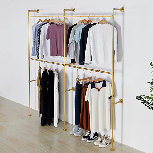 Industrial Pipe Clothes Rack Metal Clothing Store Display Stands Wall Mounted Garment Rack, Heavy Duty Hanging Rod for Closet Storage, 89.8in Gold - color: II-Gold