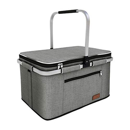 LIQING 35L Large Picnic Basket 2 Layers of Internal Pockets Leak-Proof and Insulated ，Folding with Internal Support for enhansed Stability, Wedding Gifts for Couple(Grey) - color: Gray