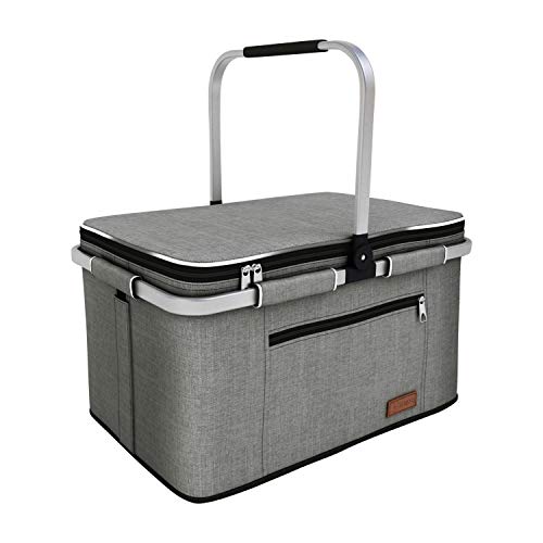 LIQING 35L Large Picnic Basket 2 Layers of Internal Pockets Leak-Proof and Insulated ，Folding with Internal Support for enhansed Stability, Wedding Gifts for Couple(Grey) - color: Gray