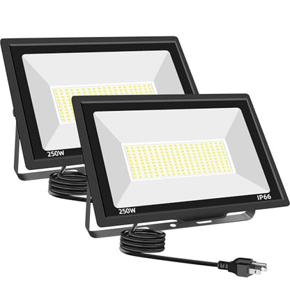 2 Pack 250W LED Flood Lights Outdoor, Super Bright Exterior Security Light with Plug, IP66 Waterproof Flood Light, 30000LM 6000K Daylight White Floodlight for Yard, Garden, Basketball Court, Arena - size: 250w-2pack