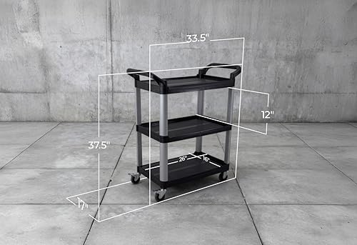Commercial Heavy-Duty Utility Service Cart | 3 Shelf | | 450 Lbs Max Capacity | Rolling Utility Cart W 33" x H 37" x D 16" Black