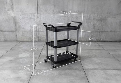 Commercial Heavy-Duty Utility Service Cart | 3 Shelf | | 450 Lbs Max Capacity | Rolling Utility Cart W 33" x H 37" x D 16" Black