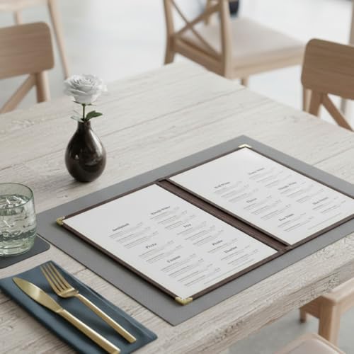 TrueCraftware- 8-1/2” x 11” Brown Double Fold Restaurant Menu Covers 2 Page 4 View Set of 10- Crystal Clear Café Menu Holders Fits A4 Size Paper Menu Covers Clear Menu Sleeves - color: Brown