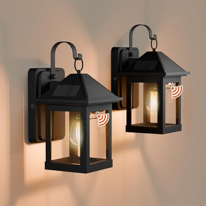 2 Pack Solar Wall Lanterns Outdoor with E26 Bulbs, 3 Modes Motion Sensor
