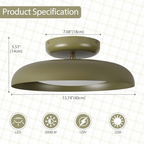 BISAMIYA Dimmable LED 15.7 inch Semi Flush Mount Ceiling Light - color: Deep Green