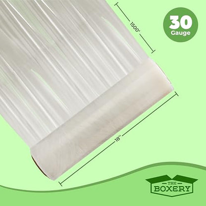 The Boxery 18" x 1500' Pre-Stretched Stretch Wrap – 30 Gauge Clear Blown Film – 1 Roll – Lightweight Pallet Wrap for Shipping & Moving