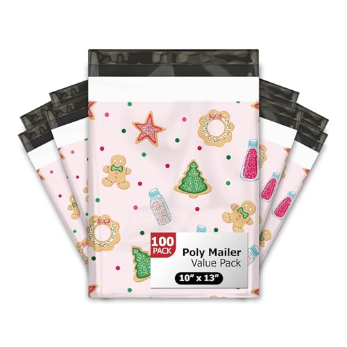 10x13 (100) Christmas Cookie Designer Winter Poly Mailers Self Sealing Waterproof Shipping Envelopes Holiday Premium Printed Bags For Small Businesses - color: Christmas Cookies, size: 10x13