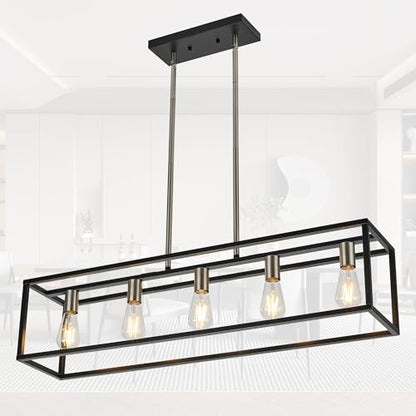 Black&Brushed Nickel Kitchen Island Lighting, Modern Linear Cage Retangular Chandelier, 5 Lights Industrial Metal Hanging Light Fixture for Farmhouse Kitchen Dining Room Bar Foyer - color: Black & Brushed Nickel, size: 5 Lights