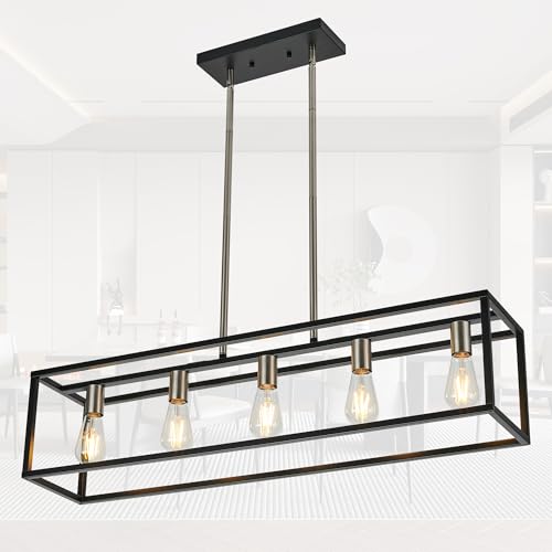 Black&Brushed Nickel Kitchen Island Lighting, Modern Linear Cage Retangular Chandelier, 5 Lights Industrial Metal Hanging Light Fixture for Farmhouse Kitchen Dining Room Bar Foyer - color: Black & Brushed Nickel, size: 5 Lights