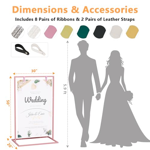 50H" Wedding Welcome Sign Stand with 8 Pair Satin Ribbon & 2 Leather Strap - color: Pink