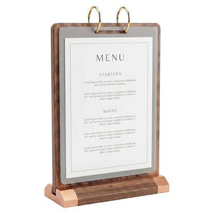 Flip Wooden Sign Holder 4 x 6 with Clear 4-Page PVC Sleeves, Vertical Tabletop Menu Display Stand for Restaurant, Office, Retail Store, Trade Show - size: 4x6, 1 Pack
