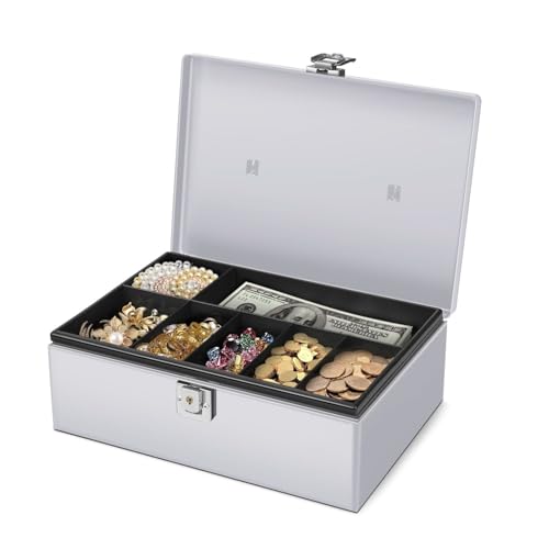 Flexzion Cash Box with Money Tray, Latch Lock, 11 x 7.7 x 3.5 Inch, Silver - color: Silver
