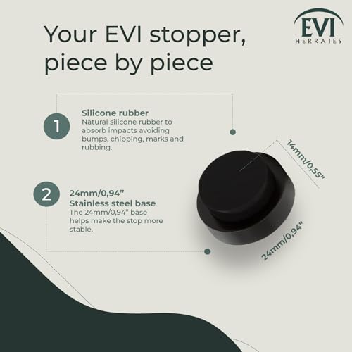 EVI Herrajes | Wall Mounted Black Door Stop | Stainless Steel Body | 0.94x0.54 Inch | Adhesive | Small and Discreet | Mod. 205 - color: Black Lacquered - Black Rubber