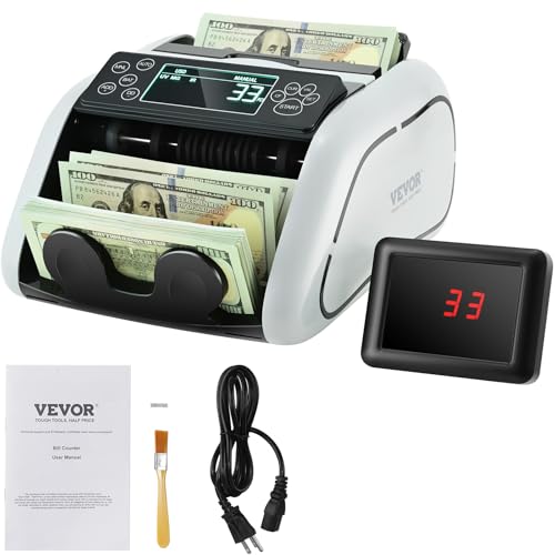 VEVOR Money Counter Machine, Bill Counter with UV/MG/IR/DD/DBL/HLF/CHN Counterfeit Detection, Counting/Value Count/Add/Batch Modes, USD/EUR Money Counting Machine with LCD Display for Small Business - size: 9.6*11*6.2"