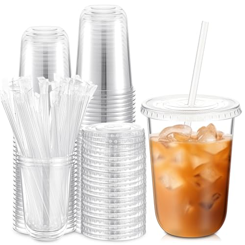 Ziliny 50 Pack 16 oz Clear Plastic Cups with Lids and Straws Disposable Iced Coffee Cups Round Bottom To carry Cup for Coffee Smoothie Cold Drinks Juice Milkshake Tea (Clear) - color: Clear, size: 16 oz