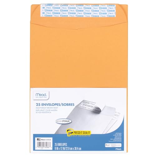 Mead Envelopes, Letter Size 9" x 12", Press-It Seal-It Self Adhesive Closure, Brown Kraft All-Purpose 24-lb Paper, Manila Mailing Envelopes, 25 Count (76086) - size: 9 in. x 12 in. / 25-count