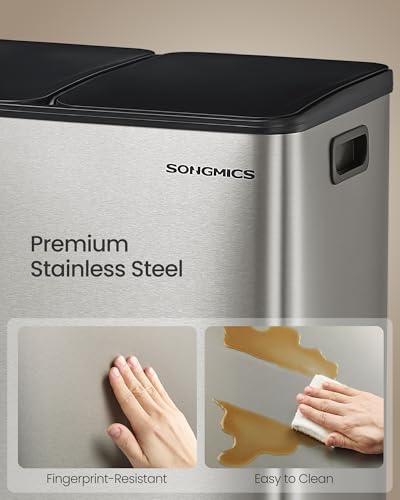 SONGMICS Trash Can, 2 x 8 Gallon (2 x 30 L) Dual-Compartment, Soft-Close - color: Silver, size: 2 x 8 Gallon