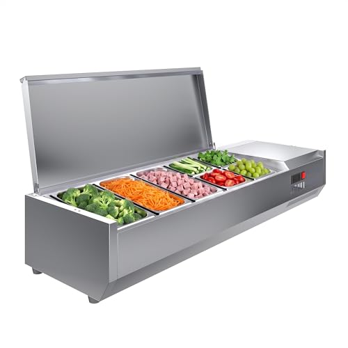 IDEALHOUSE Condiment Prep Rail Station, 140W Countertop Refrigerated Condiment Station, with 3 1/3 & 4 1/6 Pans, 304 Stainless Body and PC Lid, Sandwich Prep Table with Glass Guard, ETL Certified - size: E55TW-G