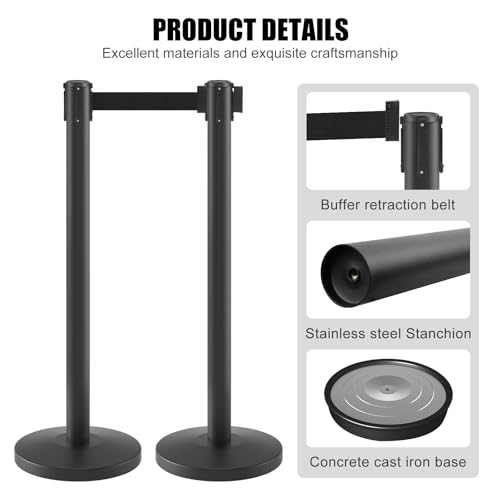 kaiyomi 2 Pack Stanchions with Retractable Barriers 11 Feet Belts (Black) - color: Black