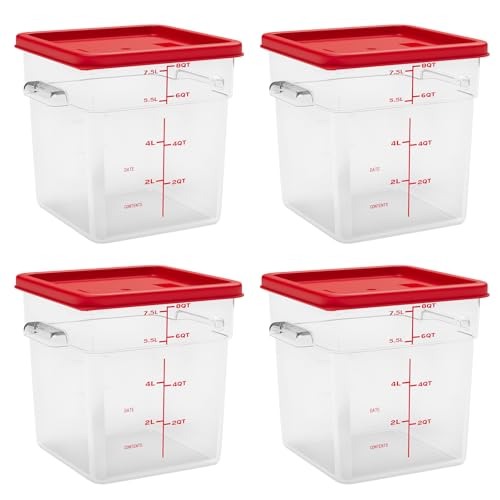 8 Quart Set of 4 Food Storage Containers Commercial Clear Square Food Storage Containers with Lids and Handles(BPA FREE) - color: Red-4Pack-8qt