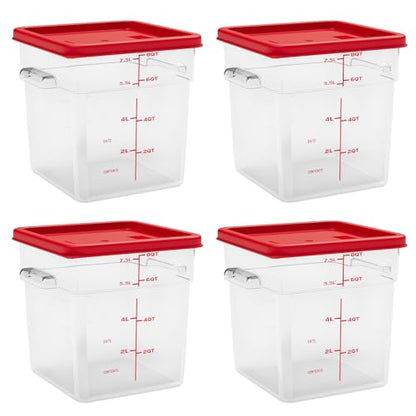 8 Quart Set of 4 Food Storage Containers Commercial Clear Square Food Storage Containers with Lids and Handles(BPA FREE) - color: Red-4Pack-8qt