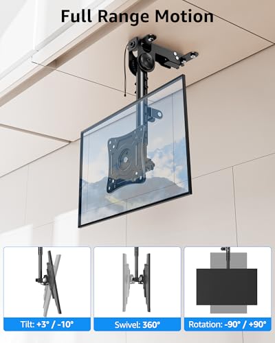 MOUNTUP Ceiling Monitor Mount for 13-32'', Max 22lbs Sceen, Flip Down Computer Monitor Mount, Folding Ceiling Mount with Full Motion Tilt Swivel Rotation, for Garage, Workshop, Sloped & Flat Ceilings