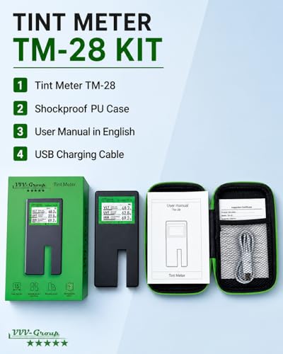 Tint Meter TM-28 – Digital Window Tint Tester with 3-in-1 VLT, UVR & IRR Measurement, 15mm (0.56in) Slot, Auto Calibration, Rotatable Backlit Display, Rechargeable Battery
