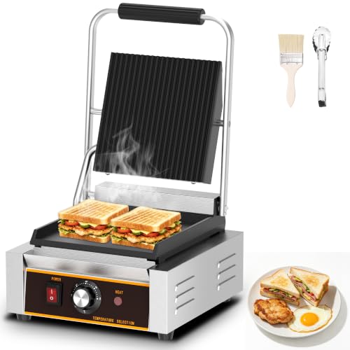 Commercial Panini Press - 1800W Electric Panini Sandwich Grill w/Nonstick Coating & Adjustable Temp, Panini Grill Press w/ 9"x9" Cooking Pan (Grooved Top & Flat Bottom), Double-sided Heating - style: 9"x9" Grooved top, flat bottom