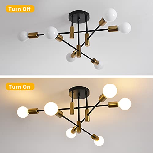 Garwarm Ceiling Light Fixture, 6-Lights Black and Gold Mid Century Semi Flush Mount Ceiling Light,Modern Sputnik Chandelier for Kitchen Dining Room Bedroom Entryway Hallway - color: 6-Lights,Black and Gold