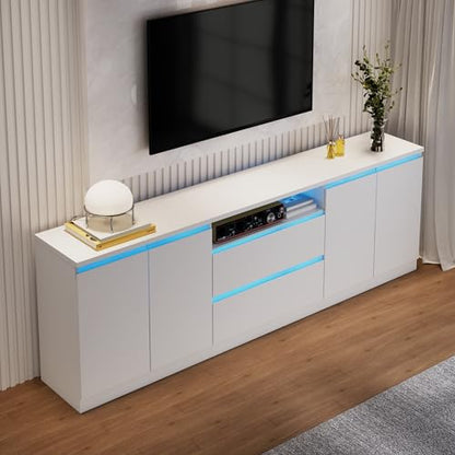 Bobve Modern TV Stand for TVs Up to 100",LED TV Console,Long Entertainment Center with 2 Drawers/2 Cabinets,Universal TV Stand for Living Room,Bedroom,White,3 Light Modes - color: White