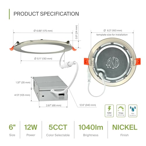 ASD 6 Pack LED Recessed Lighting 6 Inch 12W, 5 CCT 2700K-5000K CRI90+, IC Rated Ultra Thin Dimmable Ceiling Lights with J Box, Canless Wafer Downlight, Round Slim Panel Light, Energy Star ETL, Nickel - color: Nickel, size: 6 Inch 6 Pack