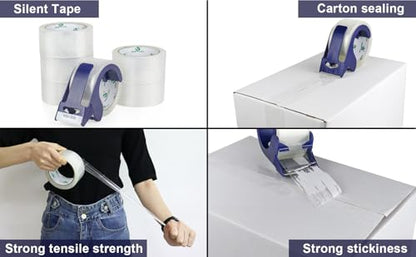 BOMEI PACK 6 Rolls Clear Silent Packing Tape, 1.88" x 60 yds with Blue Dispenser,Heavy Duty Packaging Carton Tape for Shipping Packaing Moving Sealing, 2.4mil Thickness, 60 Yards Per Roll - color: Clear