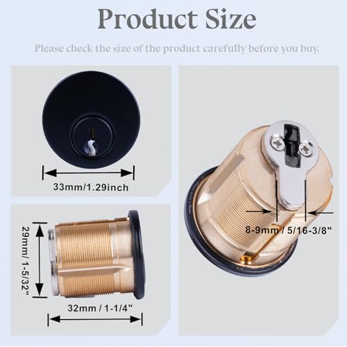 2 Pack Brass Keyd Alike Mortise Door Cylinder Lock, 1 1/4" Inch Length Keyed Standard SC1 Keyway, Door Replacement Lock Cylinder with 2 Keys Suitable for Home and Commercial Use (Black). - size: 1 1/4" Inch