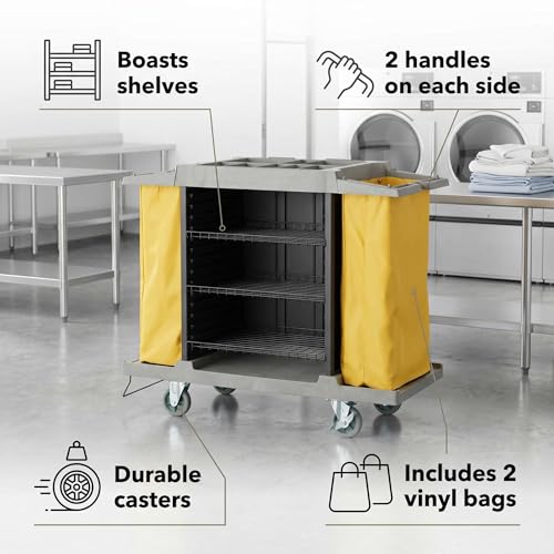 59” x 21” x 47” Large 4-Shelf Multifunctional Housekeeping Cart - Commercial Hotel Cart with 2 Vinyl Bags, 8 Top Compartments, Vacuum Bracket, Casters for Janitorial and Room Service Use - 220 lb - size: Large (4 Shelf)