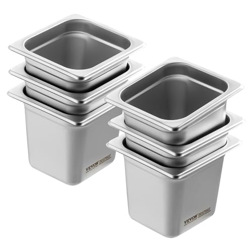 VEVOR 6 Pack Stainless Steel Hotel Pans - 1/6 Size 6-Inch Deep 0.8mm Thick Anti-Jam Commercial Food Pans for Steam Tables, Restaurants, Catering & Industrial Use - size: 1/6 Size, style: 6 Inch Deep Thickened