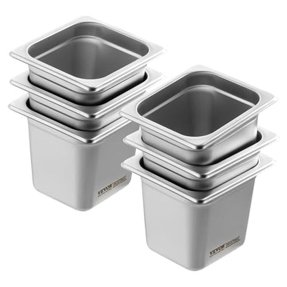 VEVOR 6 Pack Stainless Steel Hotel Pans - 1/6 Size 6-Inch Deep 0.8mm Thick Anti-Jam Commercial Food Pans for Steam Tables, Restaurants, Catering & Industrial Use - size: 1/6 Size, style: 6 Inch Deep Thickened