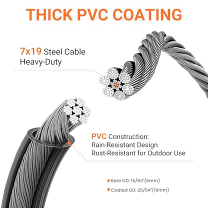 Security Cable with Loops, 10MM Heavy Duty Lock Cable, 4FT 7FT 10FT 15FT 25FT 30FT Vinyl Coated Rust-Proof Flexible Steel Bicycle Security Cable for Motorcycle, Furniture, Gates (Black, 7FT) - size: 7FT