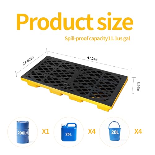 Modular 2 Drum Spill Pallet, 48x24x4 Inch, 2000 lbs Capacity, Heavy-Duty Forkliftable Containment Tray for Industrial Oil & Chemical - size: 48x24x4in
