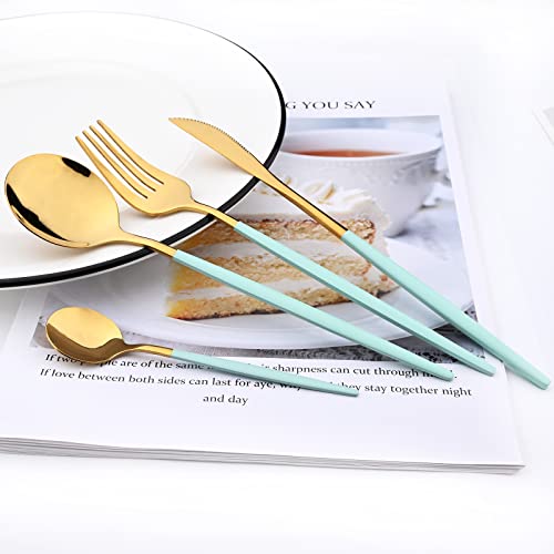Mirror Cutlery Serving Set, 24-piece 18/0 Stainless Steel Silverware With Mint Green Handle Simple & Modern Tableware For Home Party Dinner, Service For 6 (Mint Green Gold) - color: Mint green gold