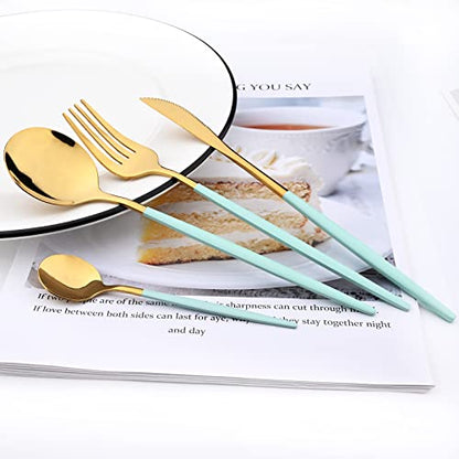 Mirror Cutlery Serving Set, 24-piece 18/0 Stainless Steel Silverware With Mint Green Handle Simple & Modern Tableware For Home Party Dinner, Service For 6 (Mint Green Gold) - color: Mint green gold