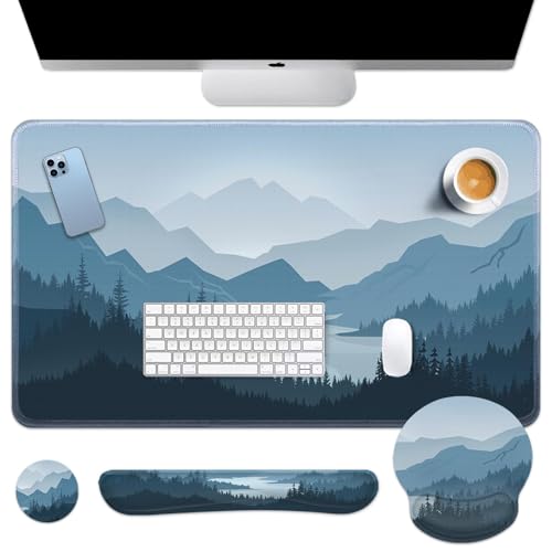 Arttown Keyboard Mouse Pad Set, 4 in 1 Desk Mat Set Mountains Blue - color: Blue Mountains