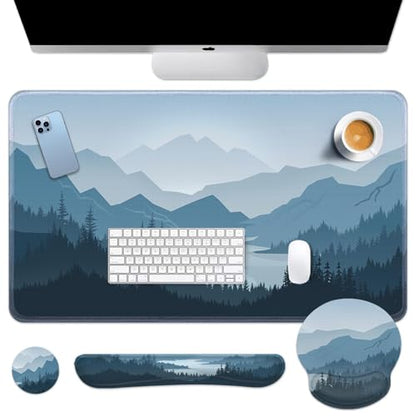 Arttown Keyboard Mouse Pad Set, 4 in 1 Desk Mat Set Mountains Blue - color: Blue Mountains