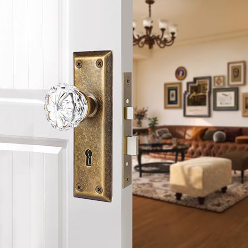 Mortise Lock Set Interior Door, Crystal Glass Door Knobs with Lock and Skeleton Key, Old Door Knob Replacement, Vintage Antique Door Handle, Vintage Brass Finish - color: Vintage Brass, size: Mortise(1 Pack)