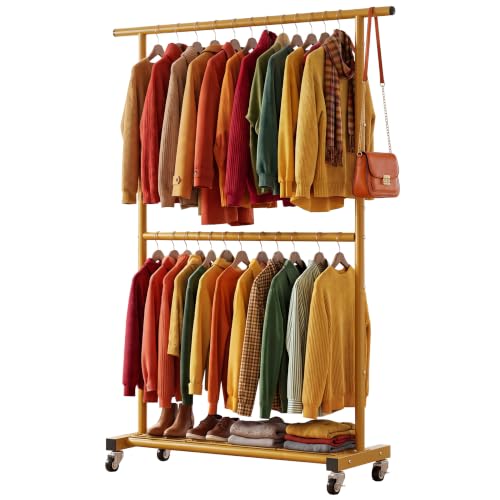 Sywhitta Double Rod Metal Clothing Rack on Wheels with Bottom Mesh,Gold - color: Gold, size: With mesh