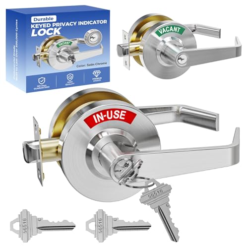 Keyed Commercial Privacy Indicator Door Lock, Heavy Duty Vacant Occupied Bathroom Handle with 90mm Large Rose (Covers Old Holes) - ANSI Grade 2 Restroom Lever for Office, Medical & Gym (Keyed Silver) - color: Keyed Silver