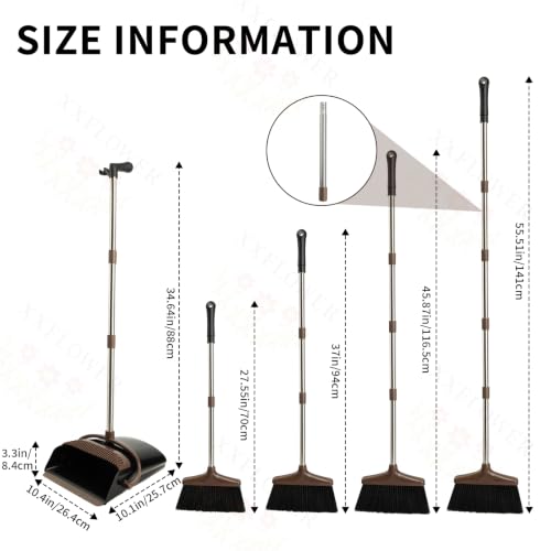 Broom and Dustpan Set with Long Handle, Light Weight Stainless Steel Poles Stand Upright Dustpans with Broom Combo for Home Kitchen Office Pet Dog Hair, 1-Pack (Black Brown) - color: Black Brown