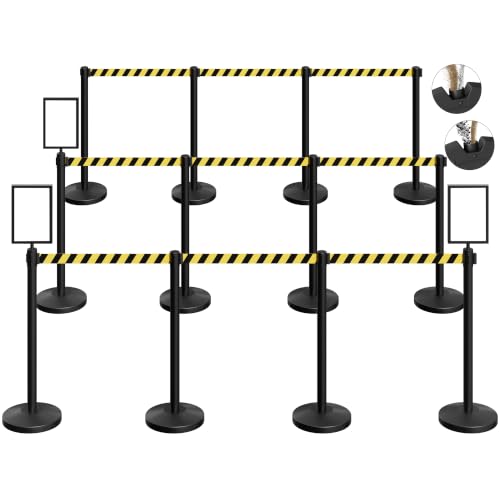 12-Pack Black Stainless Steel Crowd Control Stanchions, 9.8 ft Retractable Black and Yellow Stripe Safety Belts with 3 Sign Holder(Black and Yellow Stripe Belt)
