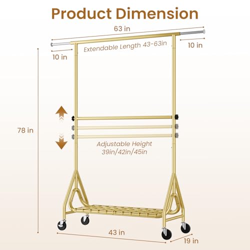Heavy Duty Clothes Rack for Hanging Clothes, Double Rods Clothing Rack with Lockable Wheels, Rolling Garment Racks with Shelf, Easy to Assemble, Gold - color: Gold, size: Doule Rods