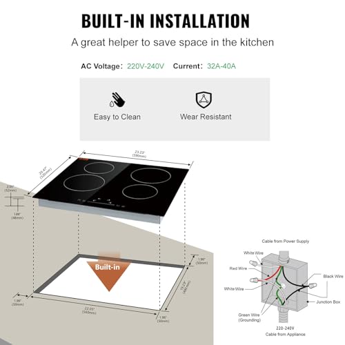 VEVOR LT4-77 Built in Electric Ceramic 23.2 x 20.5 inch Stove Top, 240V Glass Radiant Cooktop with Touch Control, Timer & Child Lock, 9 Power Levels for Simmer Steam Slow Cook Fry, 24IN 4-Burners - size: 24 IN-4 Burner+Touch Control